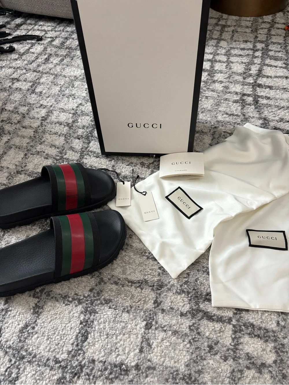 Gucci Black Slides with Green and Red Web Stripe
